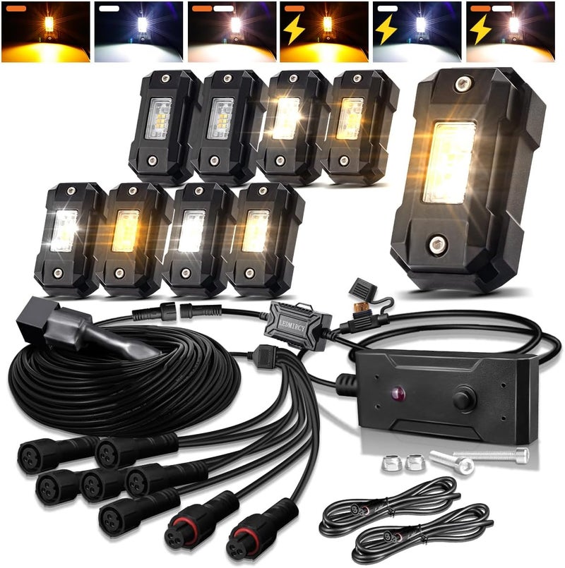 LEDMIRCY Switchback LED Rock Lights Kit White/Amber Strobe with Wiring Harness 8 Pods 6 Mode Reset Function Memory Function for Off Road Trucks ATV UTV SUV RZR Under Body High Power Waterproof - Image 1